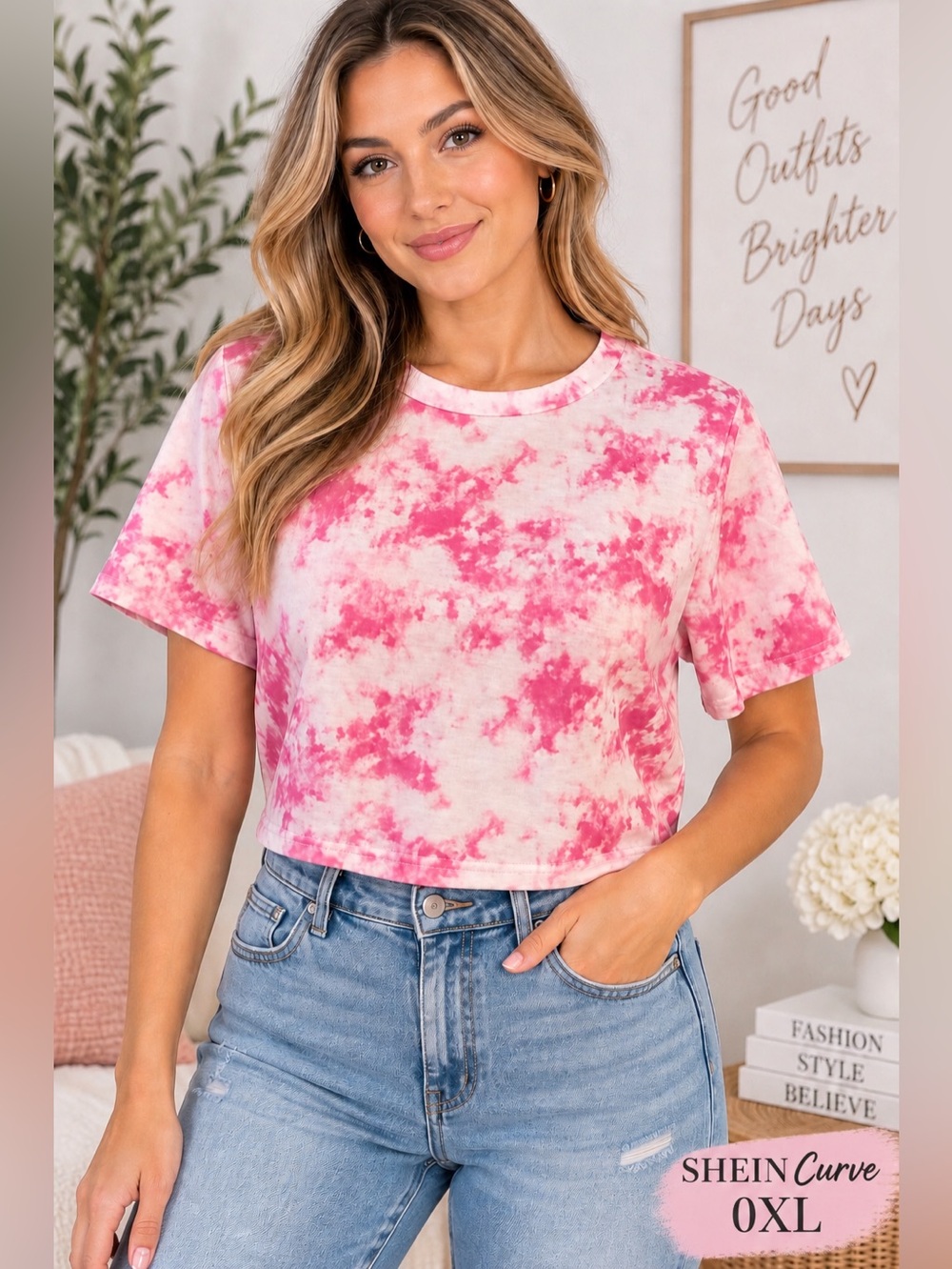 SHEIN Curve Pink Tie Dye Cropped T-Shirt 0XL Short Sleeve Y2K Casual